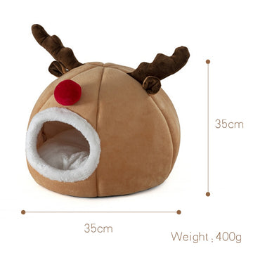 Pet Cat Bed House Cute Elk-shaped Kennel Nest Winter Warm Puppy Kitten Bed Cushion Comfortable Cat House Cave Christmas Pets Pad